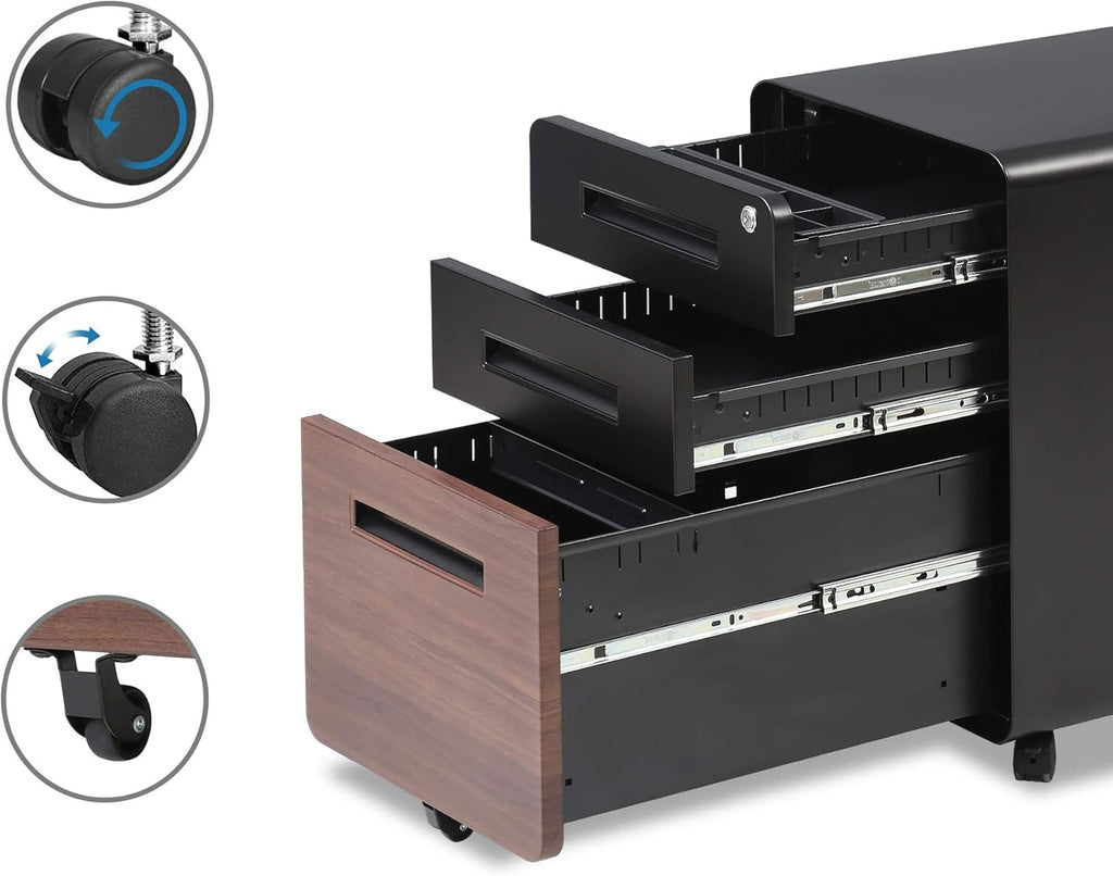 3 Drawer Slim Vertical Locking Mobile File Cabinet with Casters Metal Filing Cabinet L5403