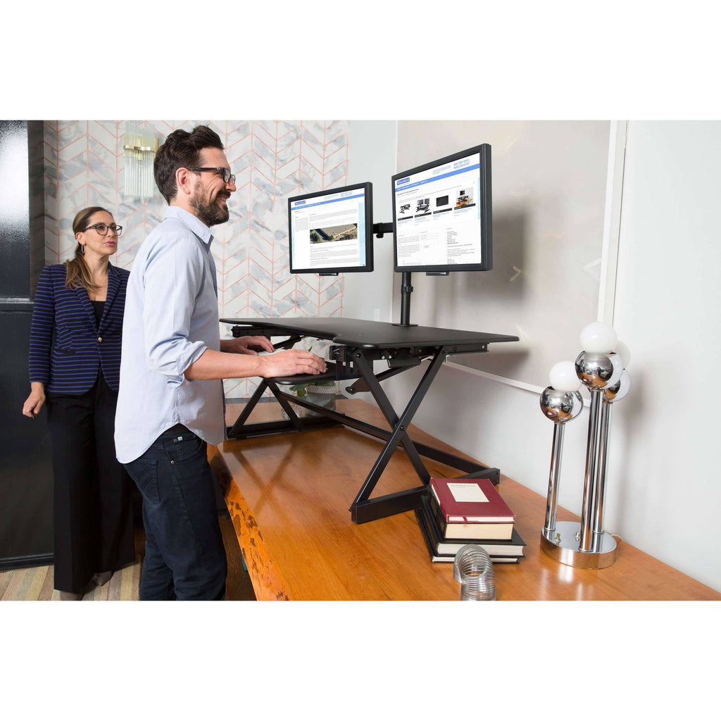 Black Height-Adjustable Standing Desk Converter with Dual Monitor Mount P749