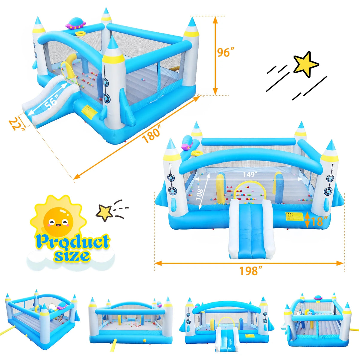 Inflatable Bounce House with Blower, 198" x 180" x 96" Tall W9691