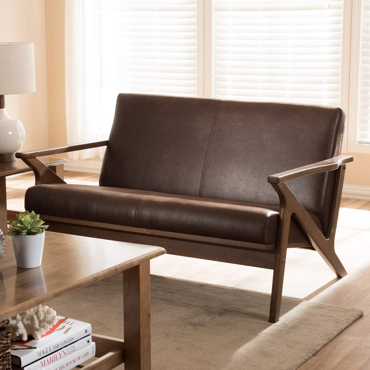 Walnut Wood Dark Brown Distressed Faux Leather 2-Seater Loveseat A96876