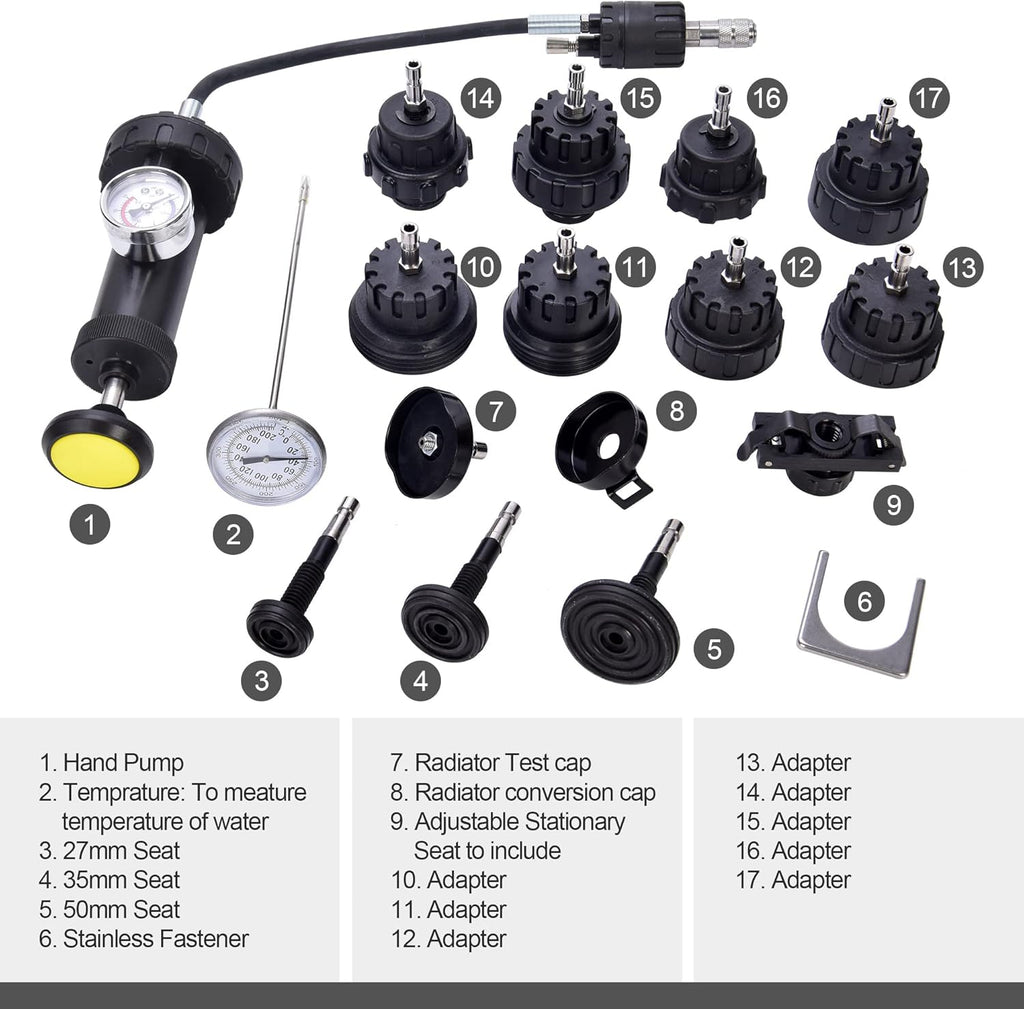 17pcs Radiator Pressure Tester Kit, Vacuum Pump Type Cooling System, Black M7453