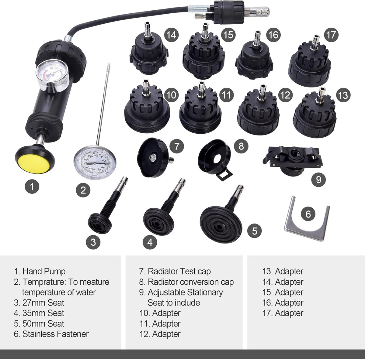17pcs Radiator Pressure Tester Kit, Vacuum Pump Type Cooling System, Black M7453