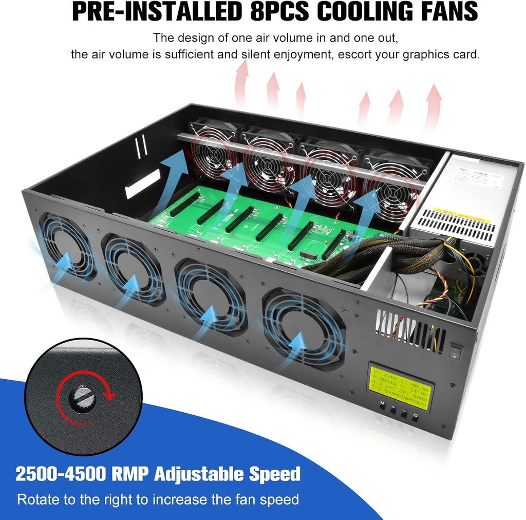 8 GPU Mining Rig Frame Case with Display Screen, 2500W Power Supply, Motherboard, CPU, RAM, SSD, 8 Adjustable Speed Fans N247