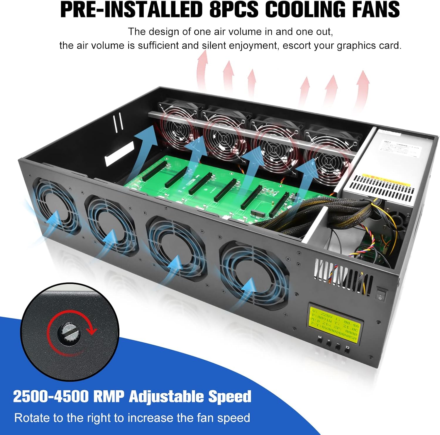 8 GPU Mining Rig Frame Case with Display Screen, 2500W Power Supply, Motherboard, CPU, RAM, SSD, 8 Adjustable Speed Fans N247