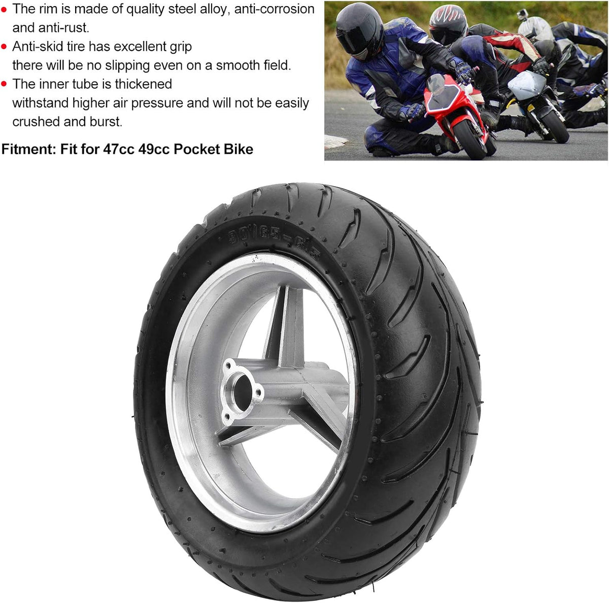 Mini Bike Tire Wheel Tyre Rims Anti-Skid Accessories Fit for 47cc 49cc Pocket Bike Front Wheel Pack of 2 K410