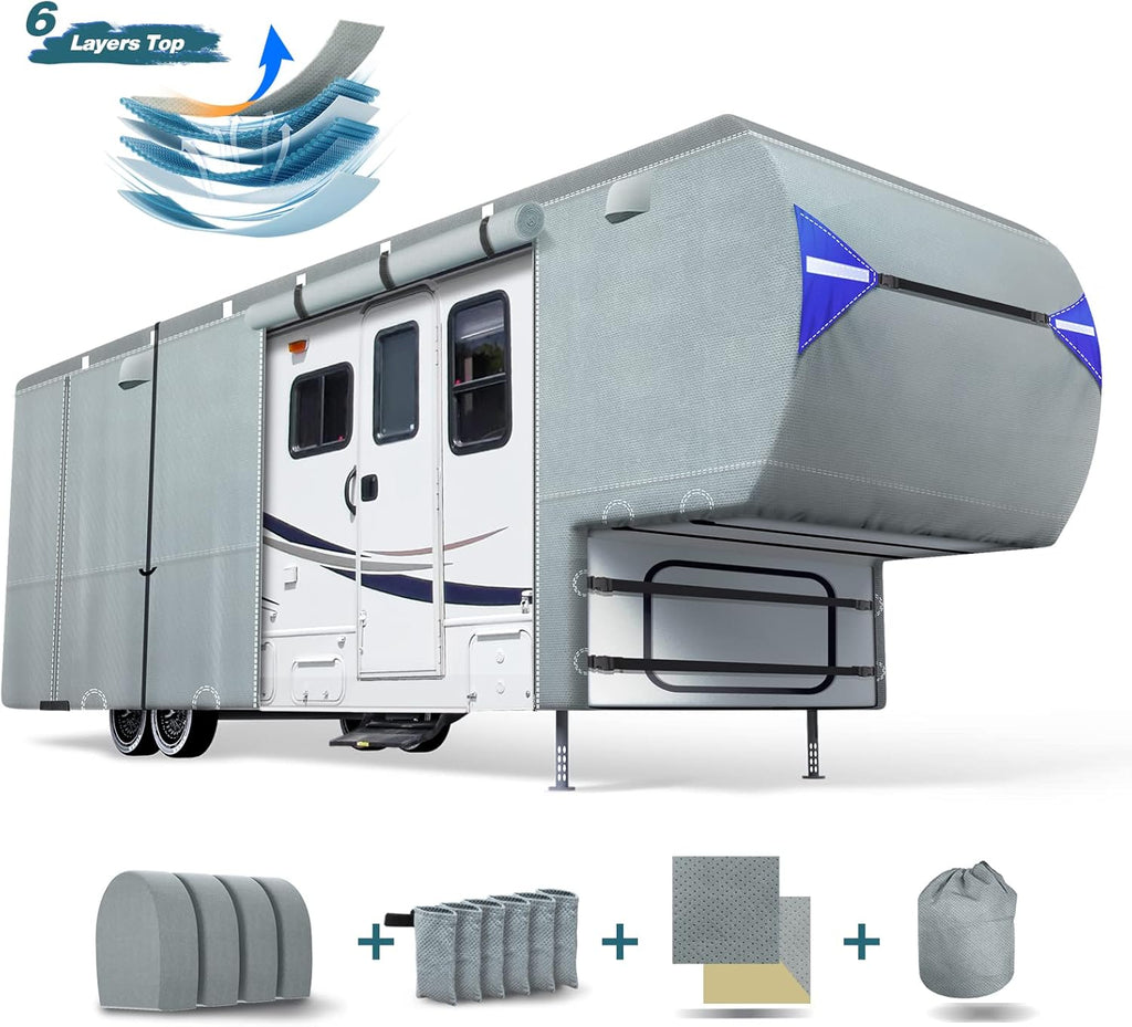 5th Wheel RV Trailer Cover with 4 Tire Covers & Windproof Straps W451495