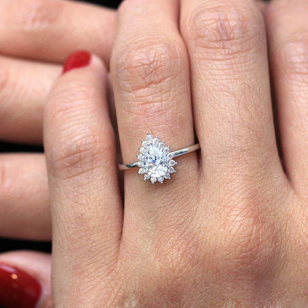 Pear Shape Moissanite Solitaire Engagement Ring, 18K White Gold Plated / 925 Sterling Silver Ring V564