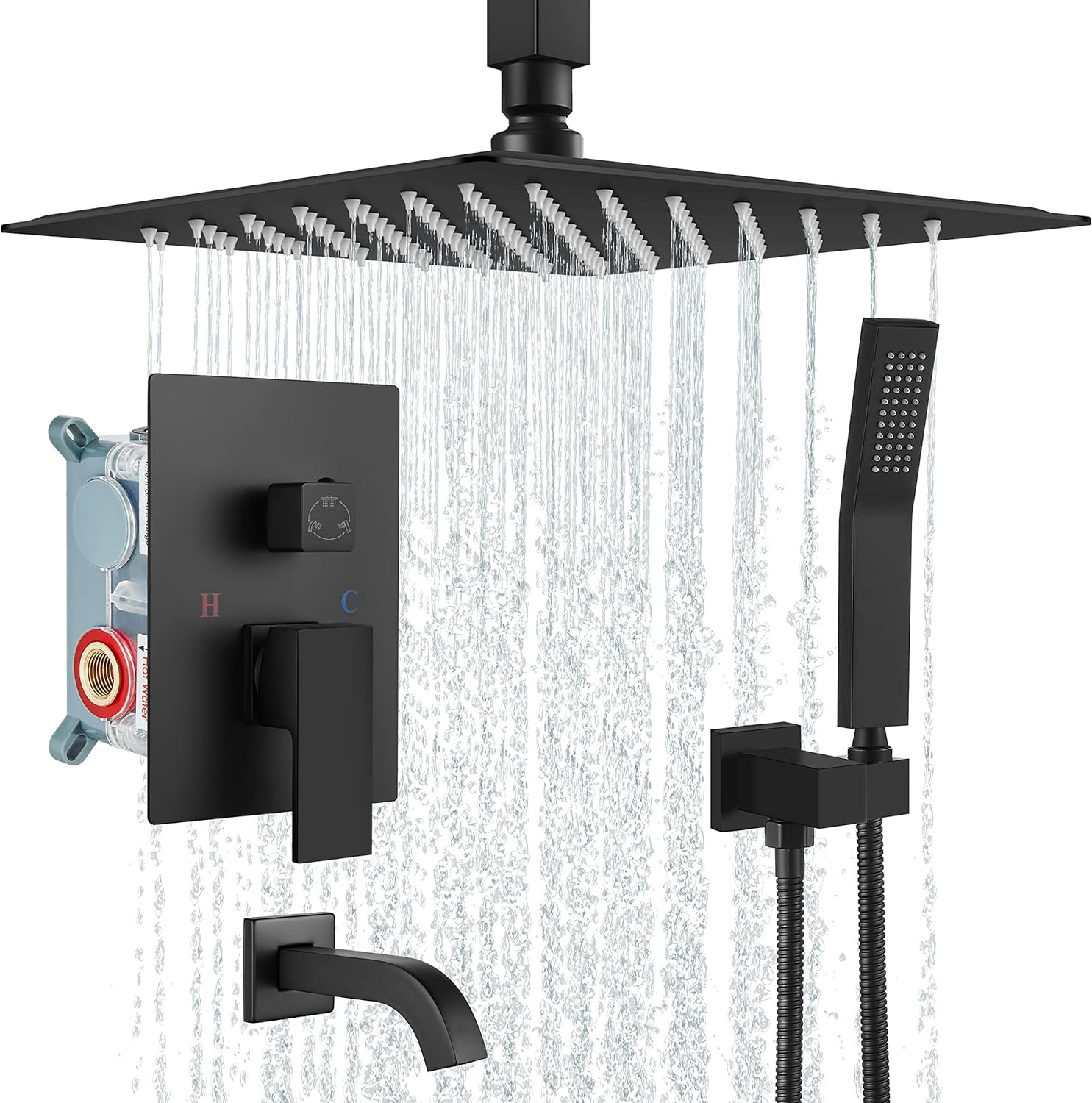 12 Inch Matte Black Ceiling Mount Rain Shower Head Set with Handheld Spray and Tub Filler I7289